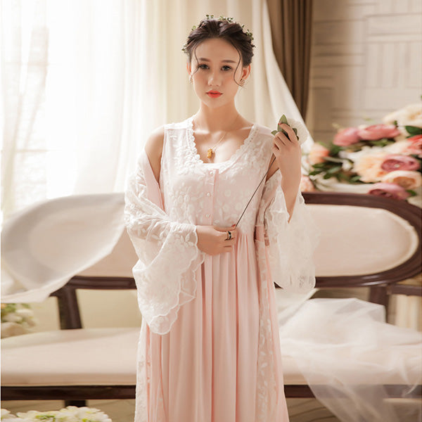 Women Mid Length Silk Nightgown And Robe Set