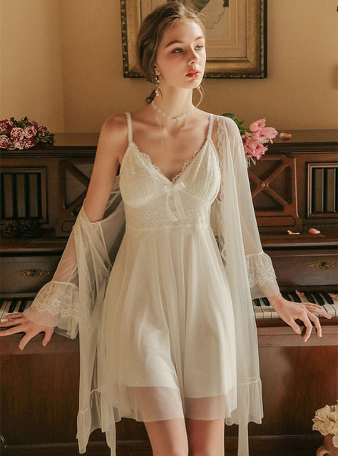 Sheer White Long Dressing Gown & Nightdress Set | SilkFred US
