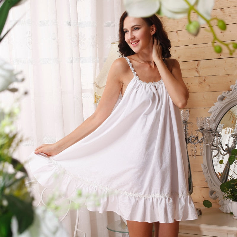 White Sleeveless Cotton Nightdress, Beautifully Designed